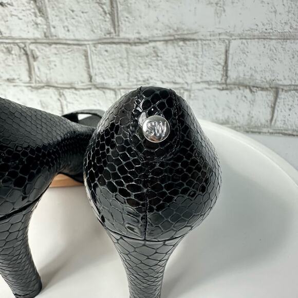 Stuart Weitzman Heels Leather Croc Snake Pattern Patent Peep Toe Pump Black 7.5 - Picture 10 of 12